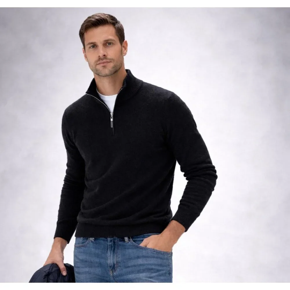 QI Cashmere Men’s Black 1/4 Zip Pullover Sweater 100% Cashmere Size M